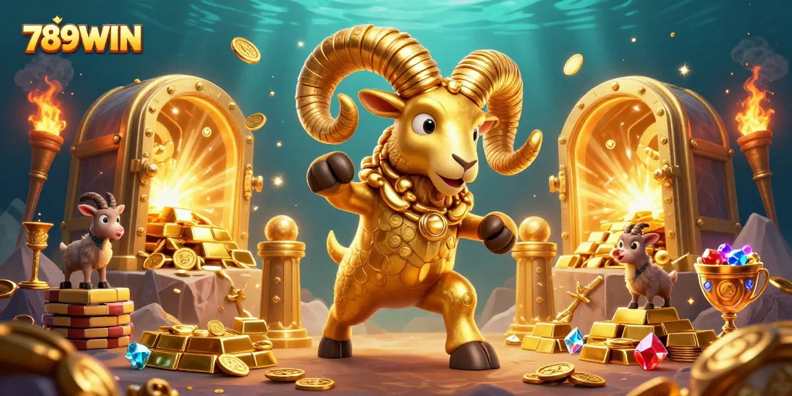 Engage with 789WIN's vibrant casino adventures as a golden ram bursts through treasures.