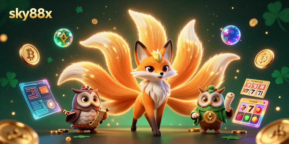Experience thrilling gambling action with sky88x in a vibrant 3D illustration of a nine-tailed fox and wise owl.