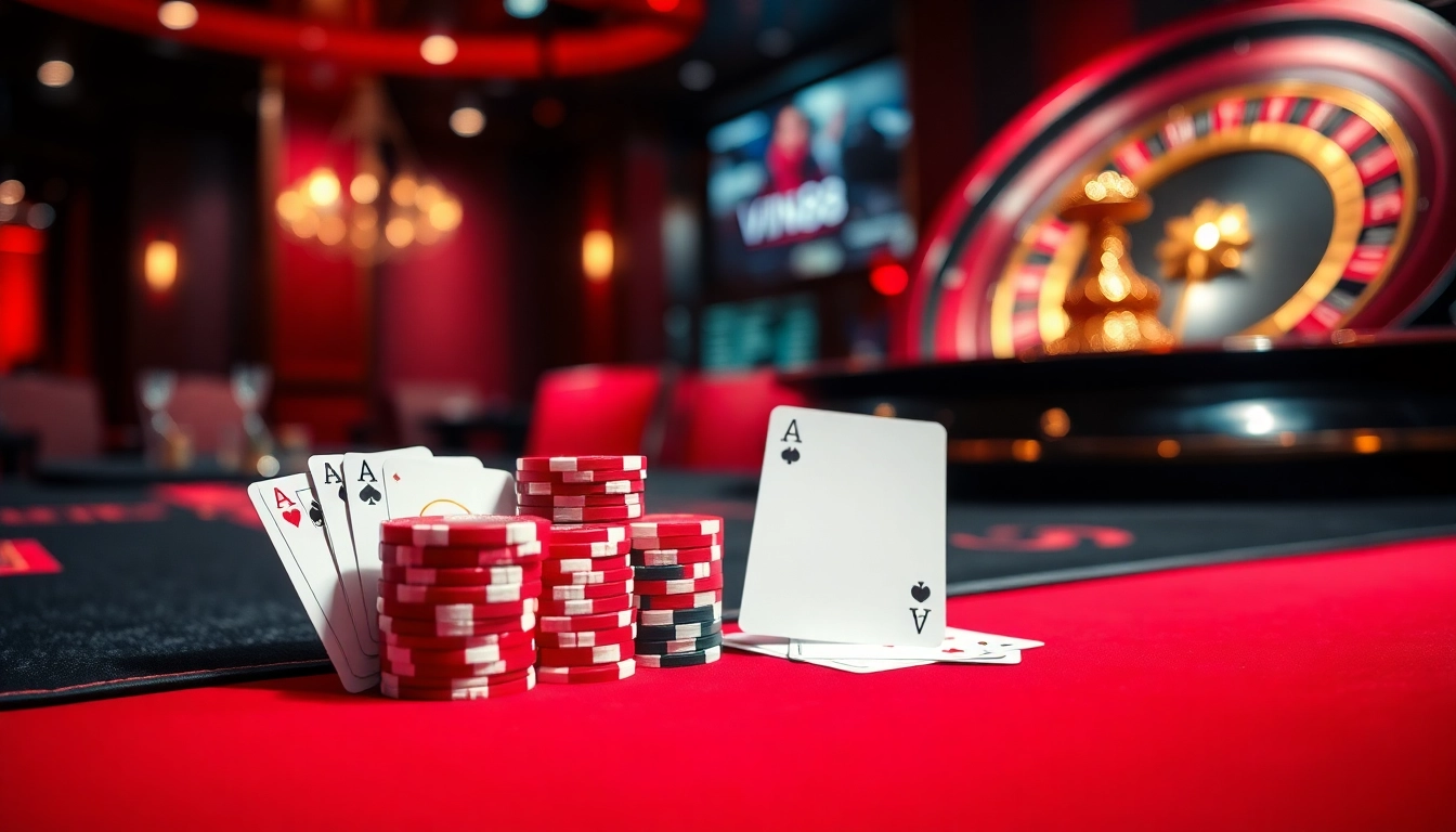 Experience thrilling poker action at Vin88's luxury casino with vibrant chips and cards.