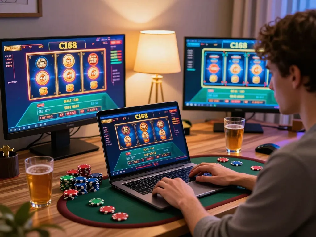 Engaging online gaming experience featuring c168 on multiple screens with poker and slots.
