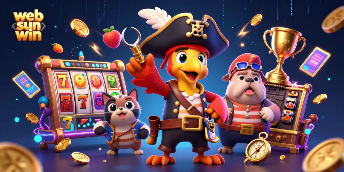 Engage with the web sun win gaming world, featuring dynamic slot elements like reels and lucky 7s around characters.