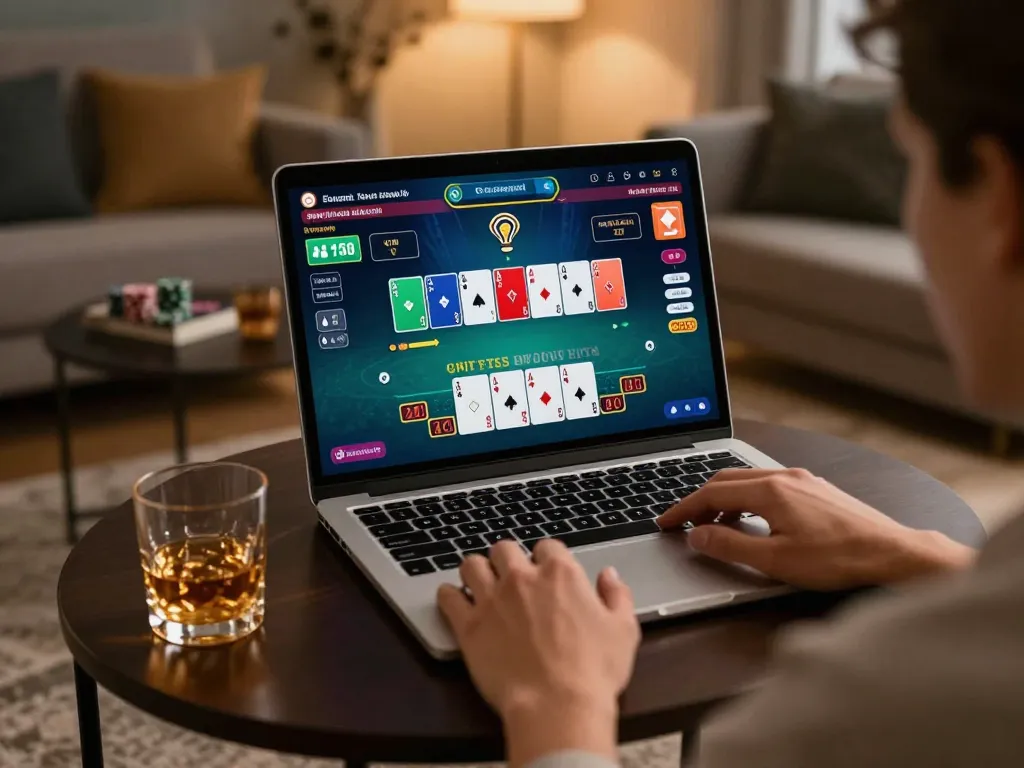 Engaging in online blackjack gameplay at THABET with a laptop and cozy home setup.