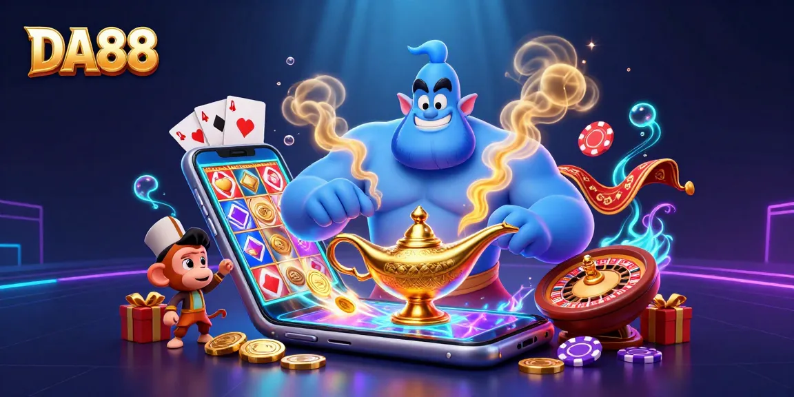 Experience the thrill of DA88 with a genie and monkey surrounded by vibrant casino elements.