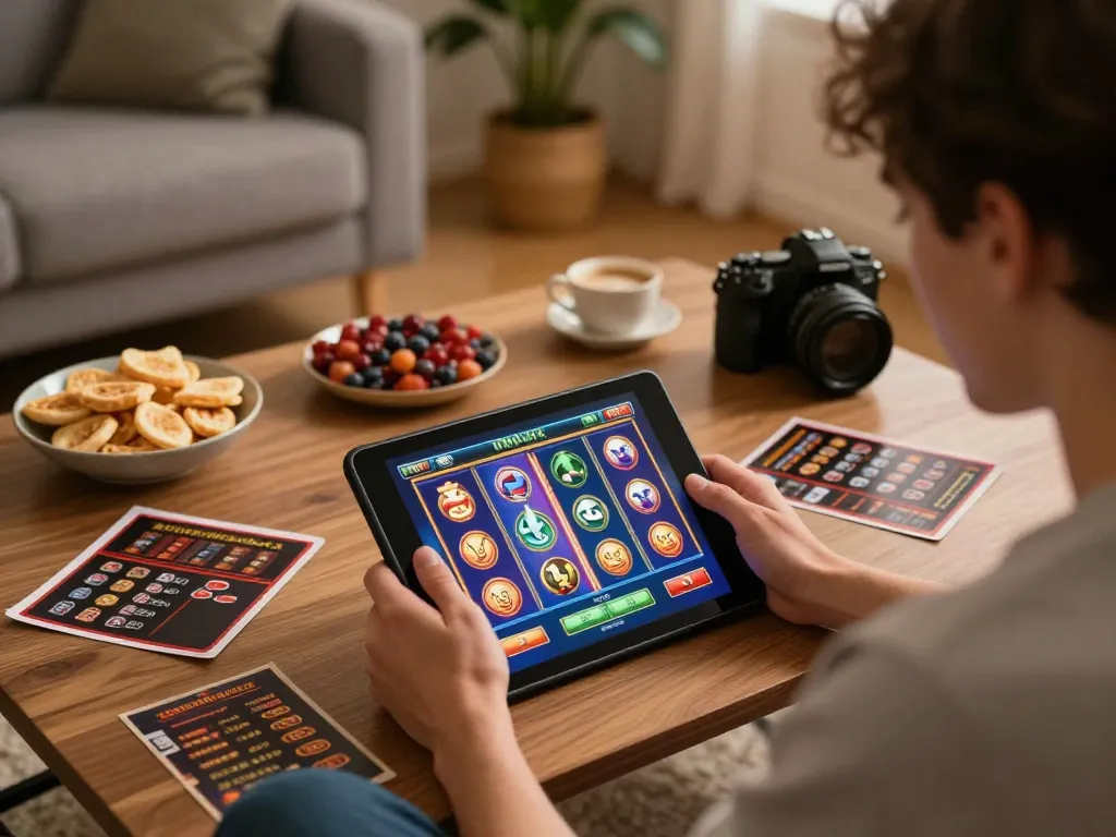 The person enjoys playing online slots with man88 on a cozy tablet setup, featuring snacks and personal touches.