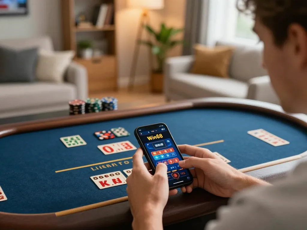 Engaging in live dealer gaming on win68 mobile app, showcasing excitement in a cozy home