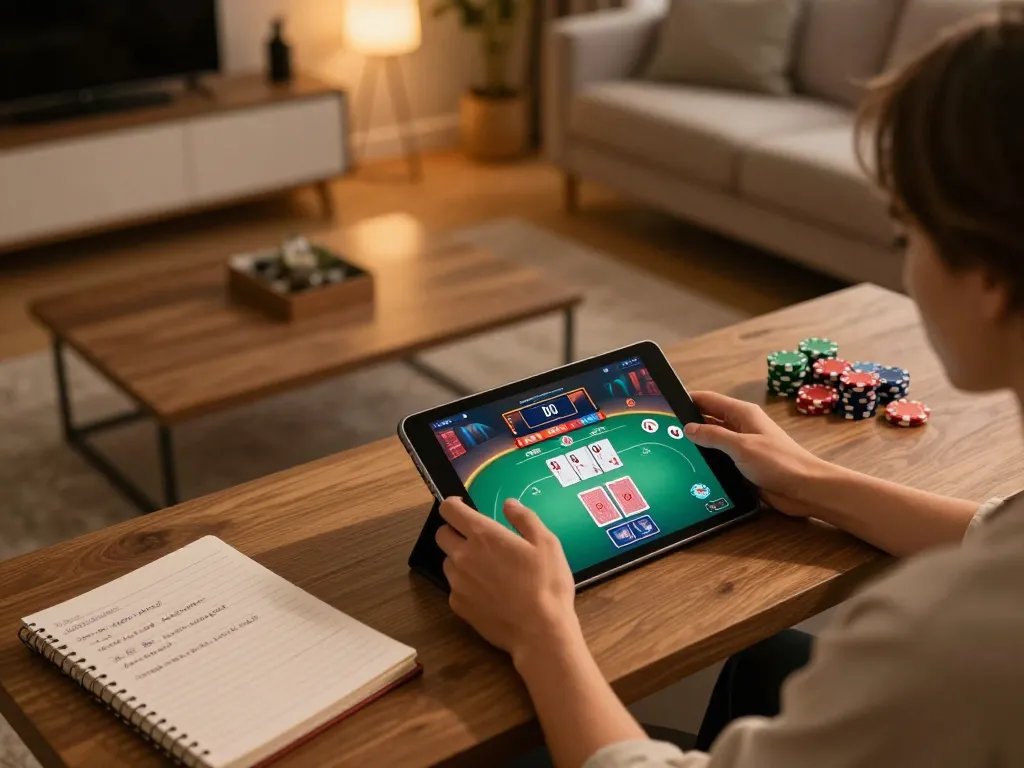 Player engaging with vip79 online casino on tablet while reviewing gaming strategies, cozy home setting.