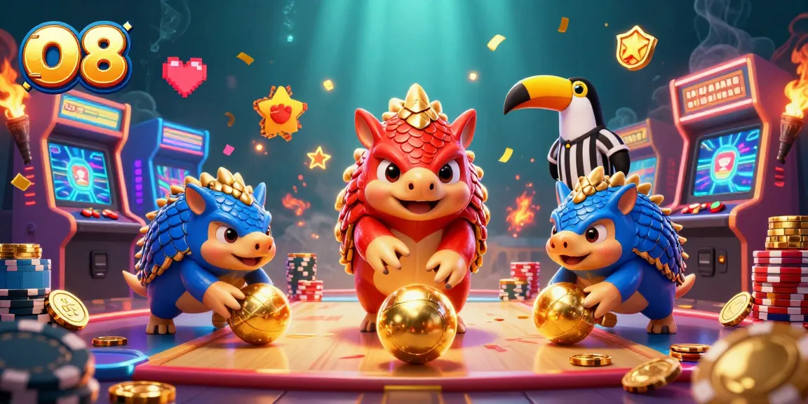 Engage in thrilling games at O8, where rival pangolins bowl through poker chips in a vibrant casino scene.