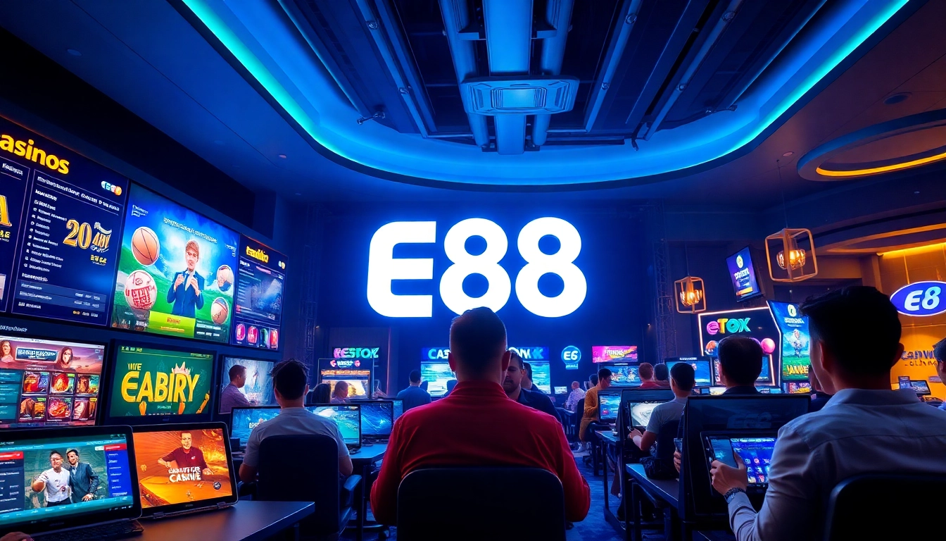 E88 online casino experience showcasing players engaged in gaming activities with a modern interface.