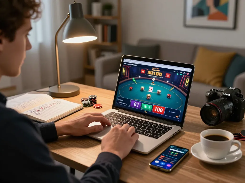 Player enjoying poker on me99 gaming platform in a cozy home office, showing strategy notes.