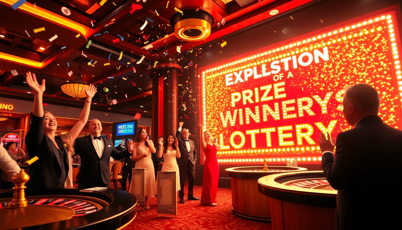 Celebrating the explosion of a prize-winning lottery at a vibrant casino with joyful winners and gambling elements.