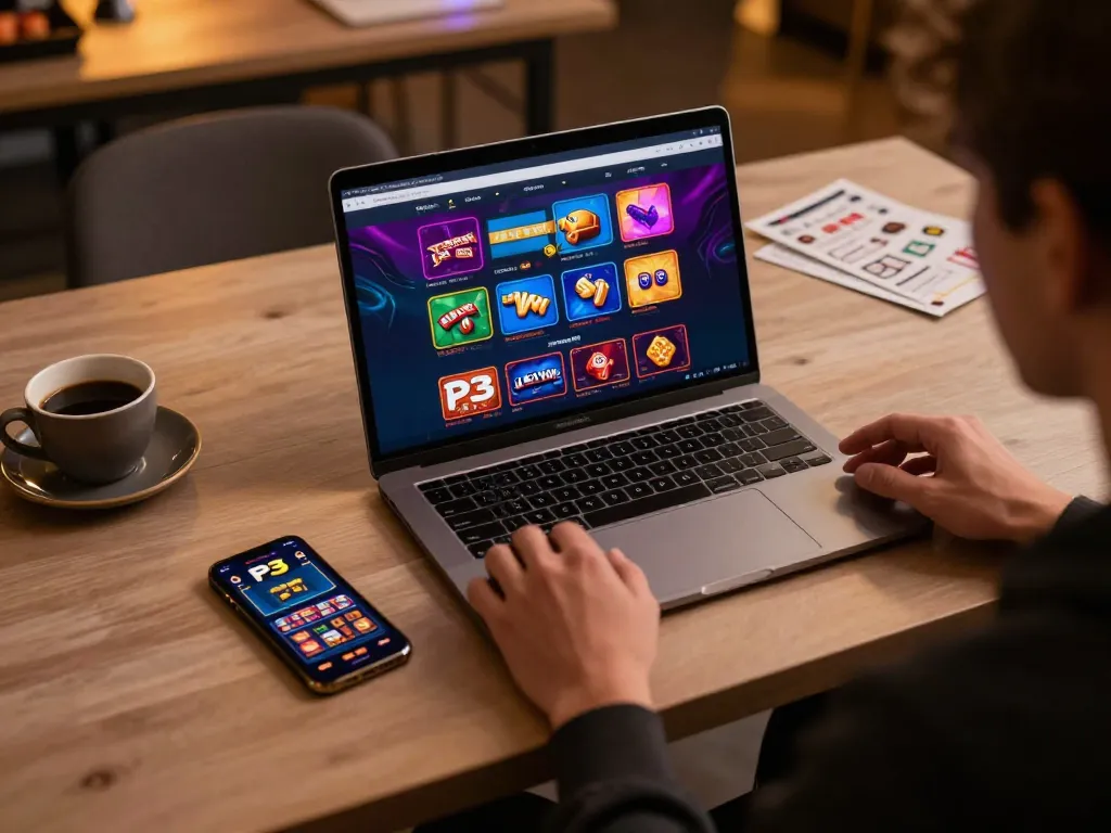 Engaging user experiencing P3 online casino gaming on laptop with vibrant interface displayed.