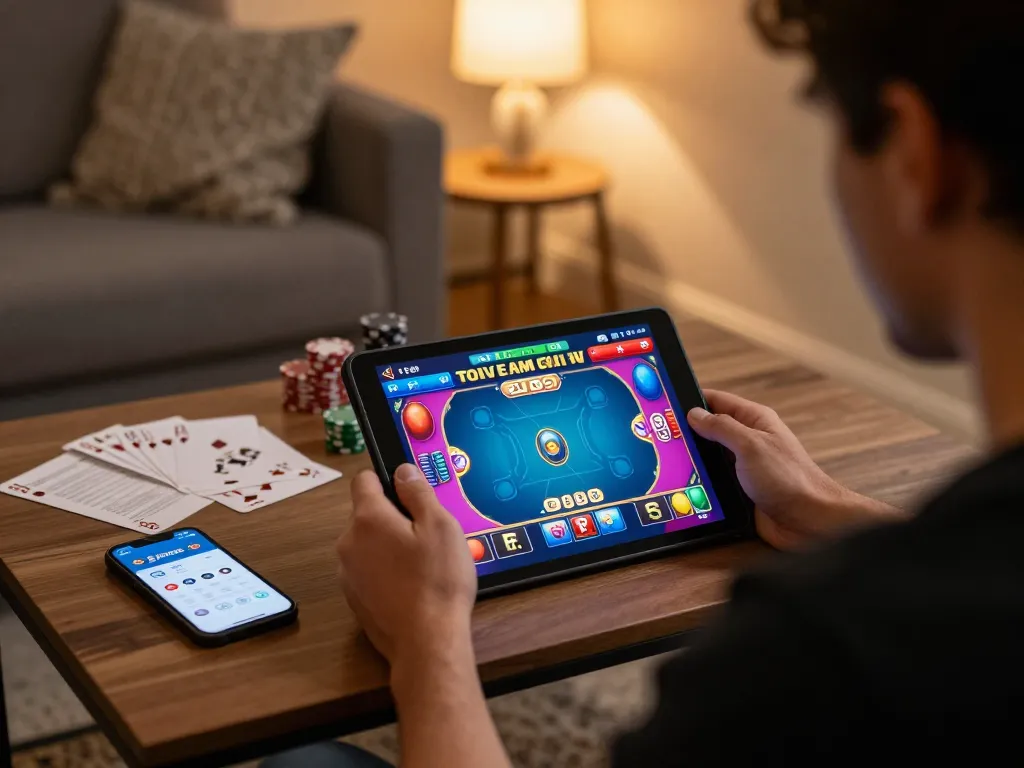 Player enjoying an online poker game via SAOBET app in a cozy home setting