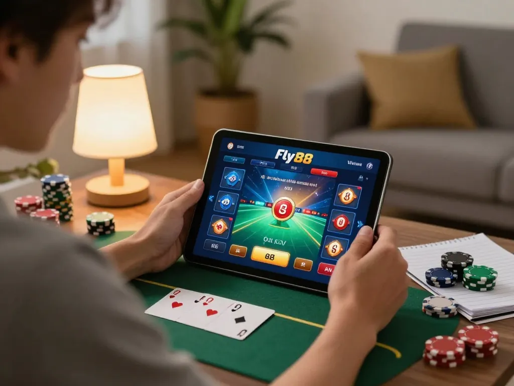 Player engaging with the Fly88 poker app in a cozy home setting, showcasing responsible gaming.