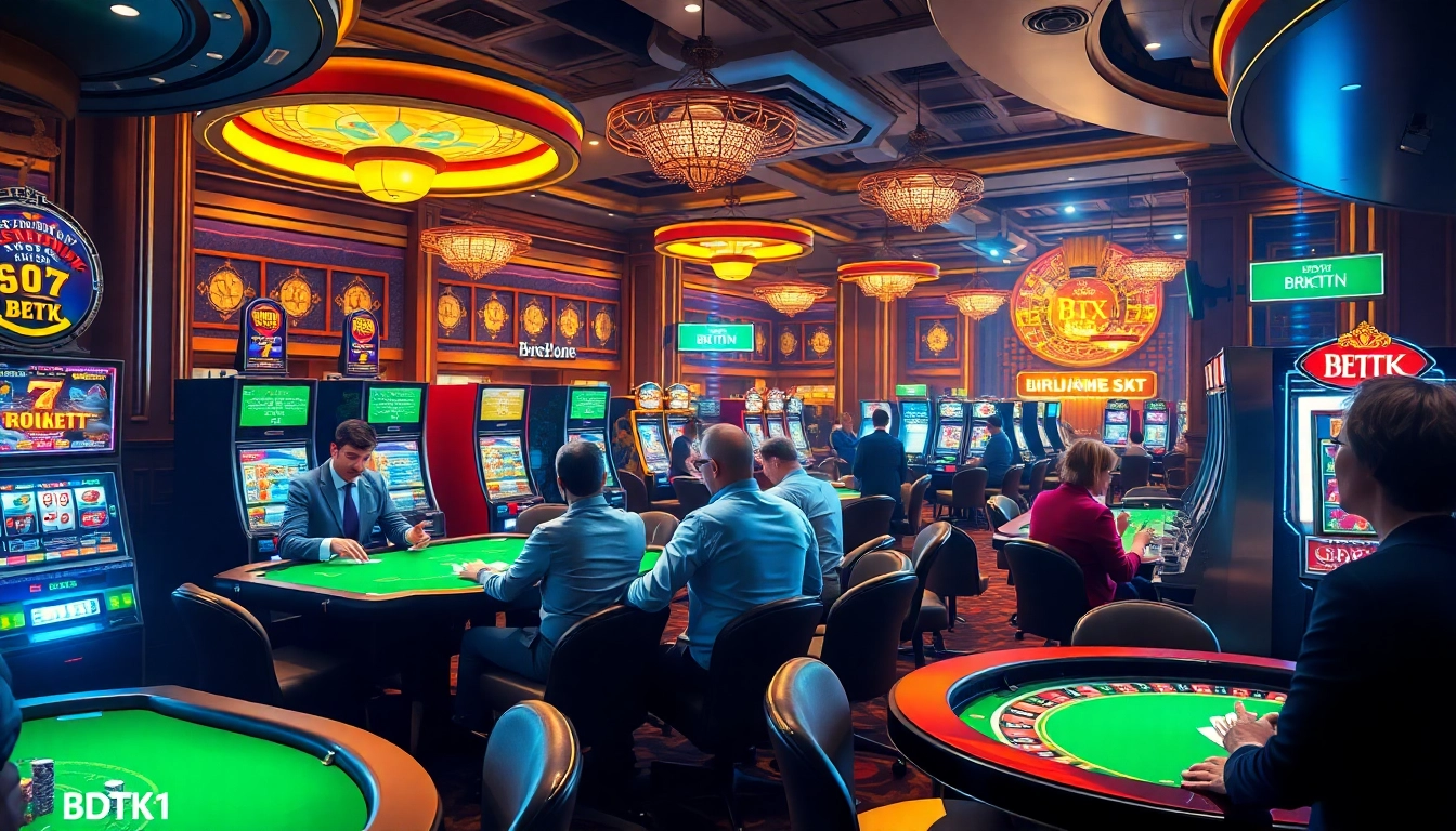 BDTK1 casino scene showcasing players engaged at various tables with excitement and luxury.