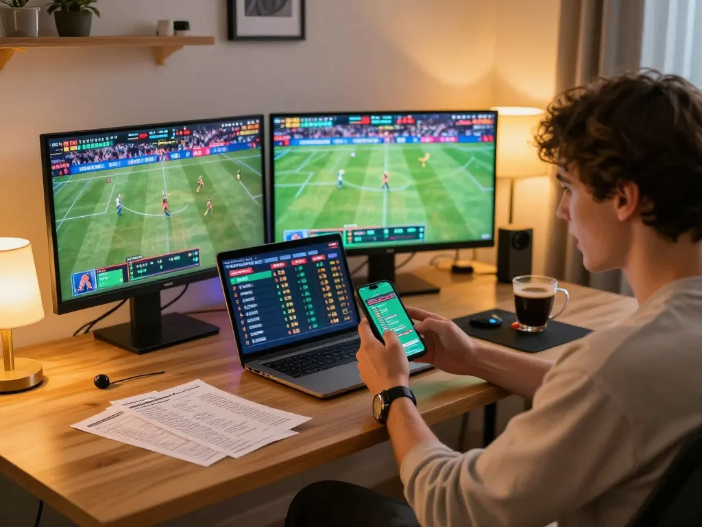 Engaging mobile sports betting on smartphone with 68win displayed, stylish home office environment