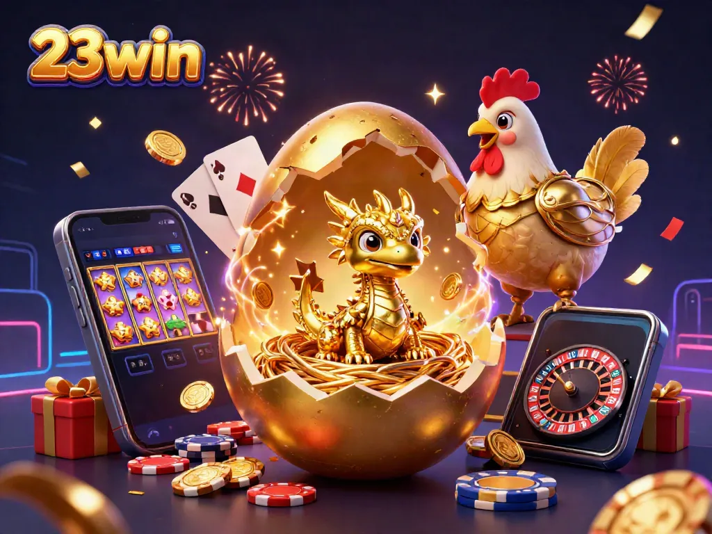 Experience 23win excitement with a dragon and golden poker chips amidst vibrant casino elements.