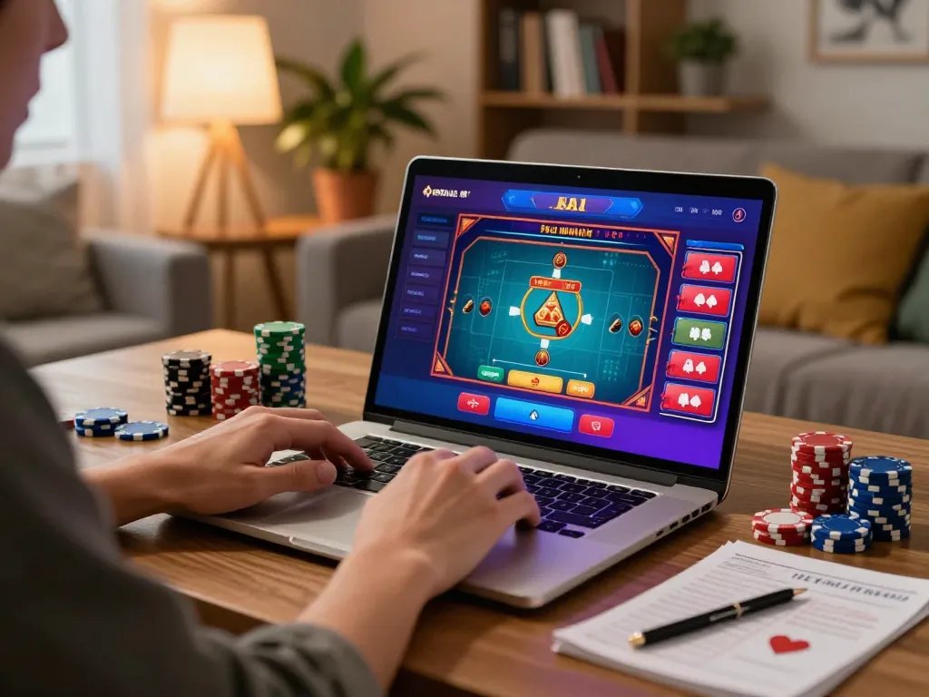 Player engaged with llwin online casino gaming on laptop at home, showcasing vibrant interface