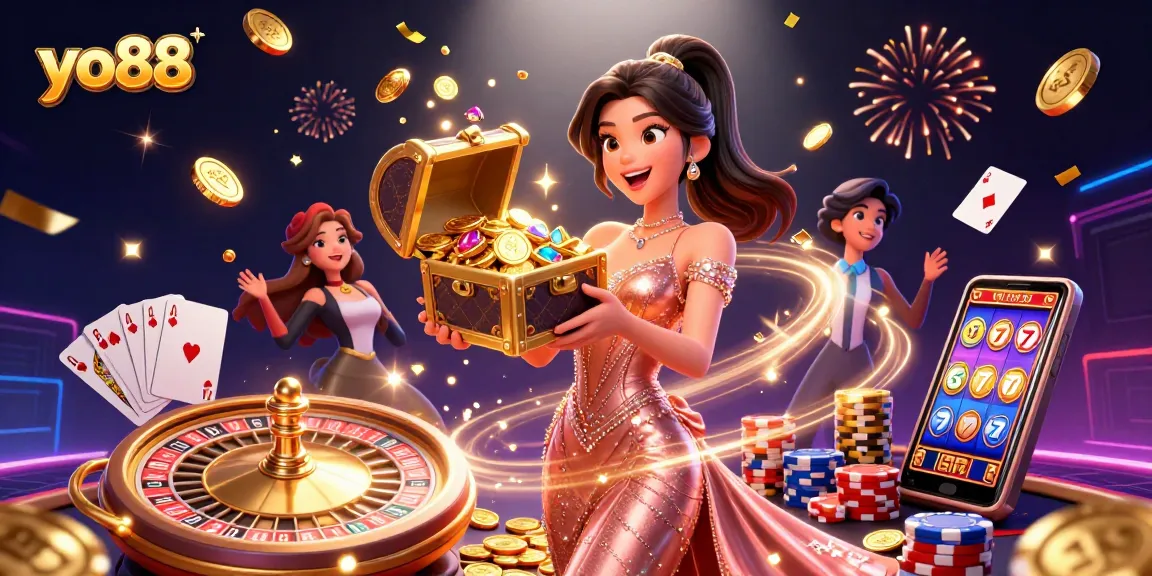 Play exciting casino games at yo88 with a stunning fantasy illustration showcasing treasures and vibrant elements.