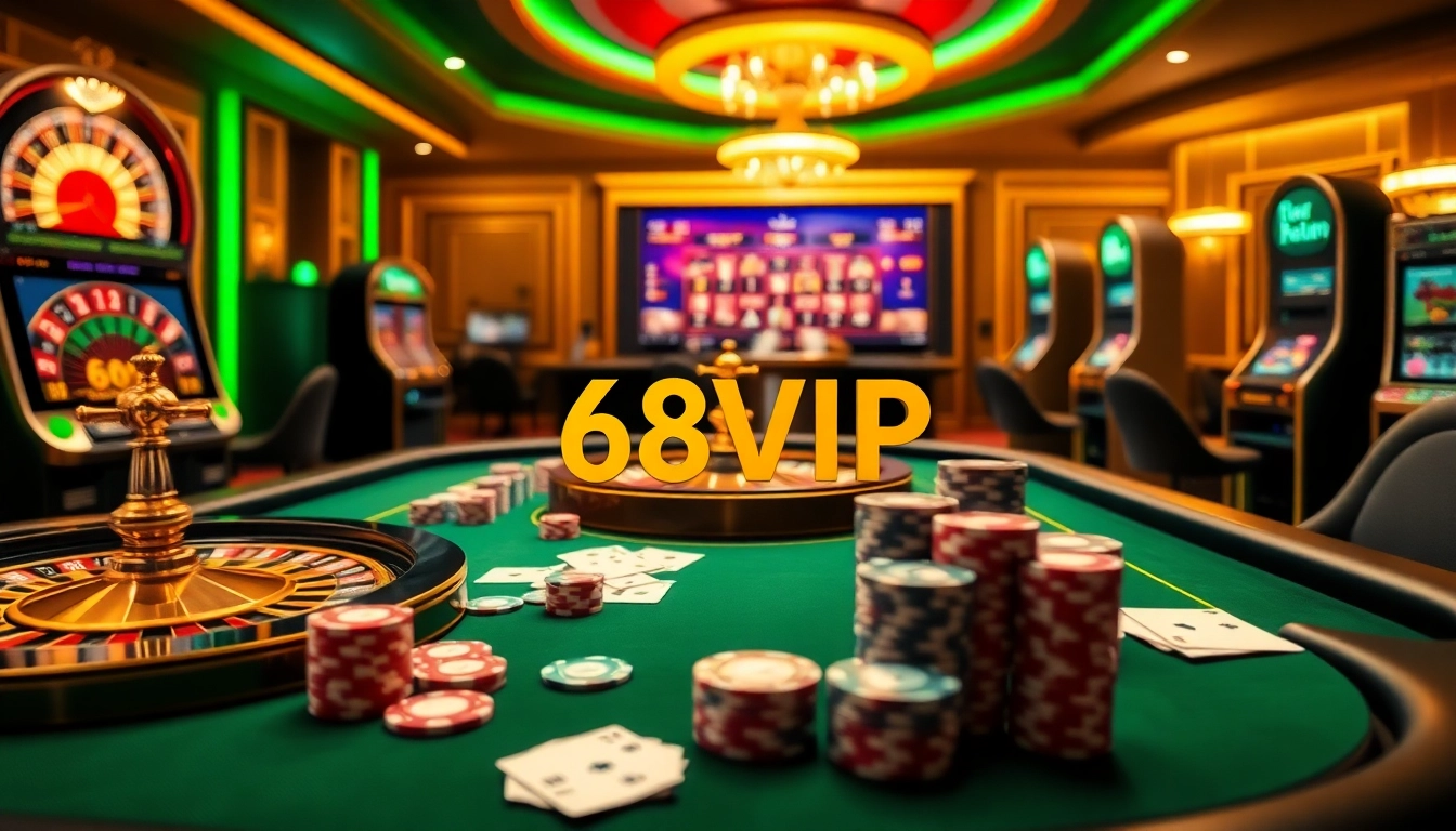 Experience the thrill of gambling at 68VIP with vibrant casino visuals showcasing roulette wheels and poker tables.