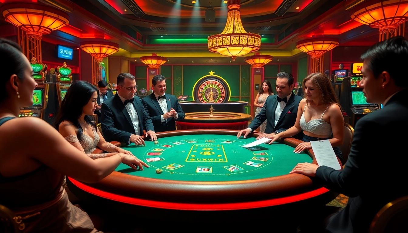 Gambling excitement at a SUNWIN casino with stylish players at a blackjack table.