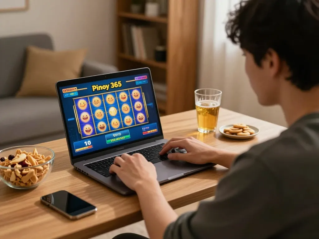 Engaging gaming moment on Pinoy 365 as player enjoys online slots on laptop in cozy home setting
