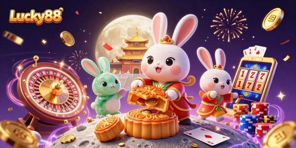 Win big at Lucky88 with a captivating 3D scene of a rabbit celebrating casino delights.