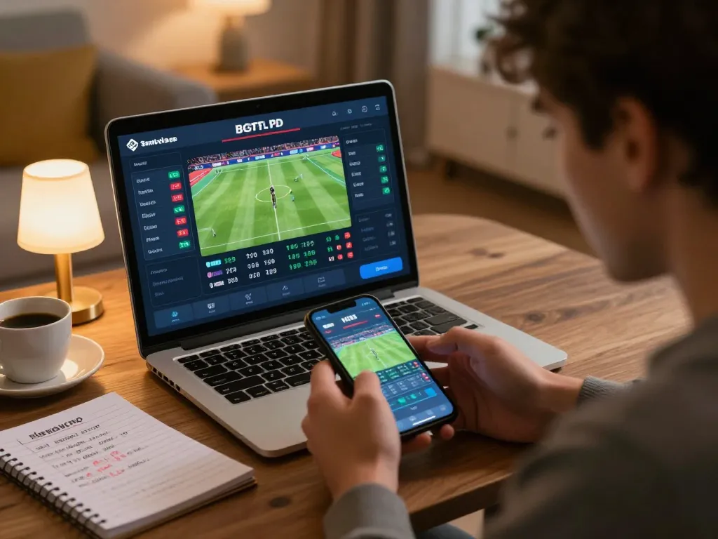 Engaged user betting on F8BET sports platform in a cozy home setup.