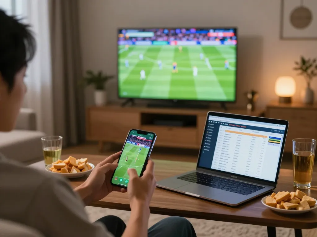 Engaged fan betting on socolive during a live football match in a cozy home setting
