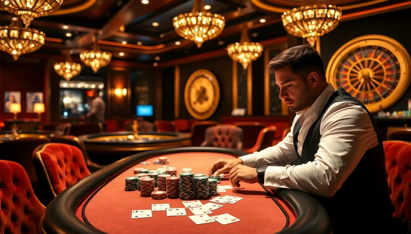 A high-roller enjoying a luxurious poker game at a casino, showcasing dh88 themed decor and vibrant chips.