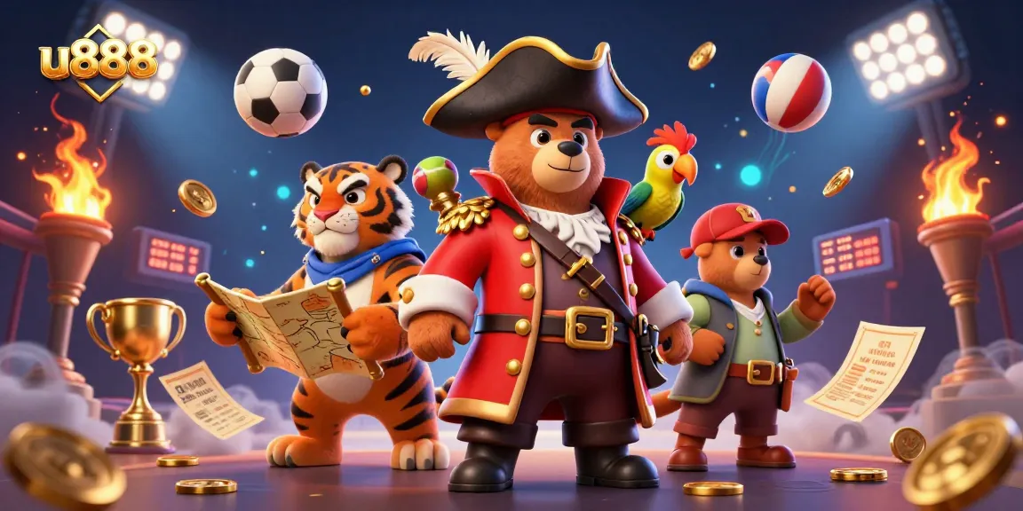 u888 sports betting action scene with a pirate captain bear, tiger, and vibrant game elements.