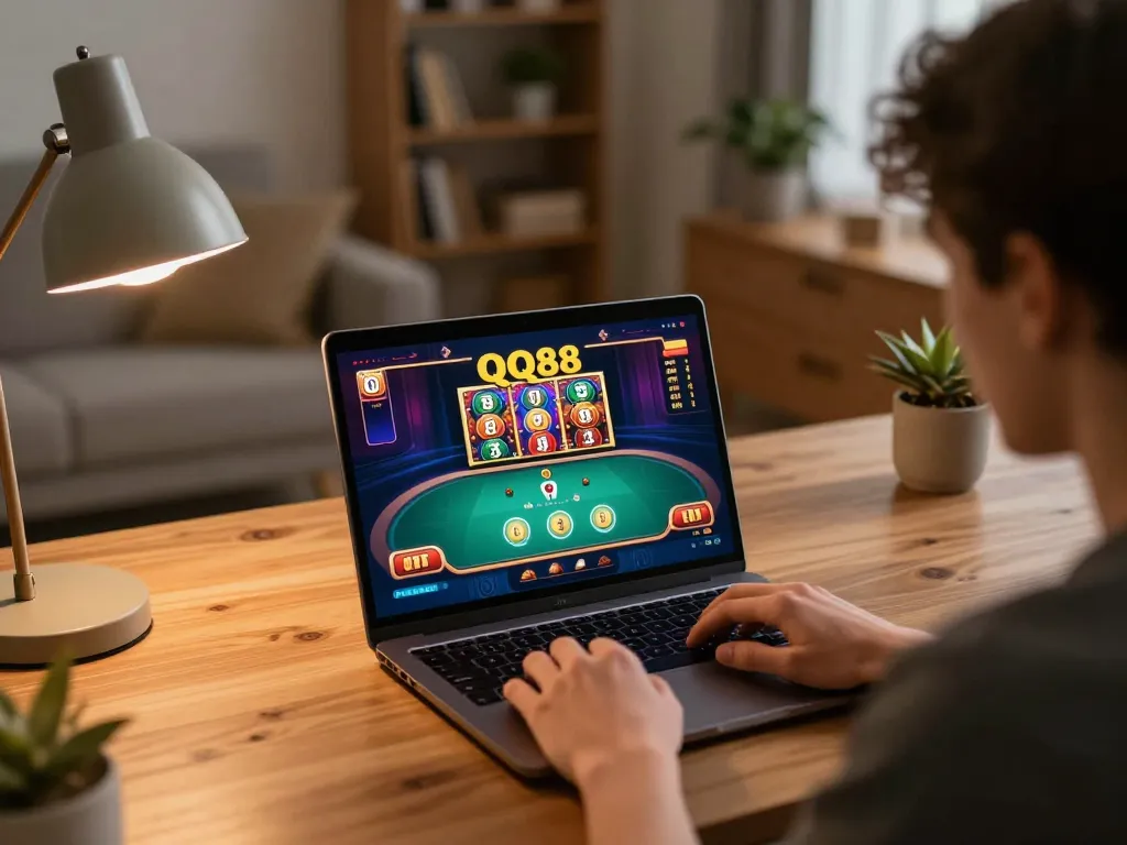 Engaging in thrilling QQ88 online gameplay on a cozy home computer setup.