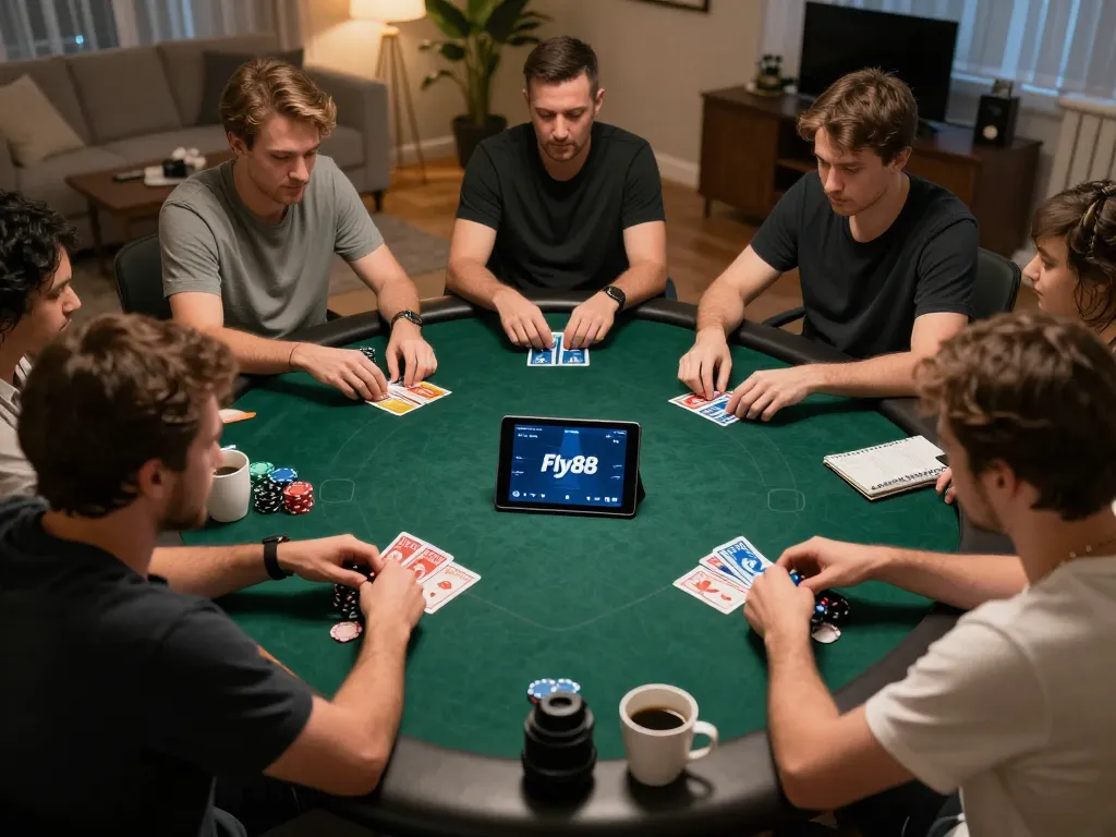 Players engaged in a Fly88 online poker game revealing strategic gameplay with cards and chips.