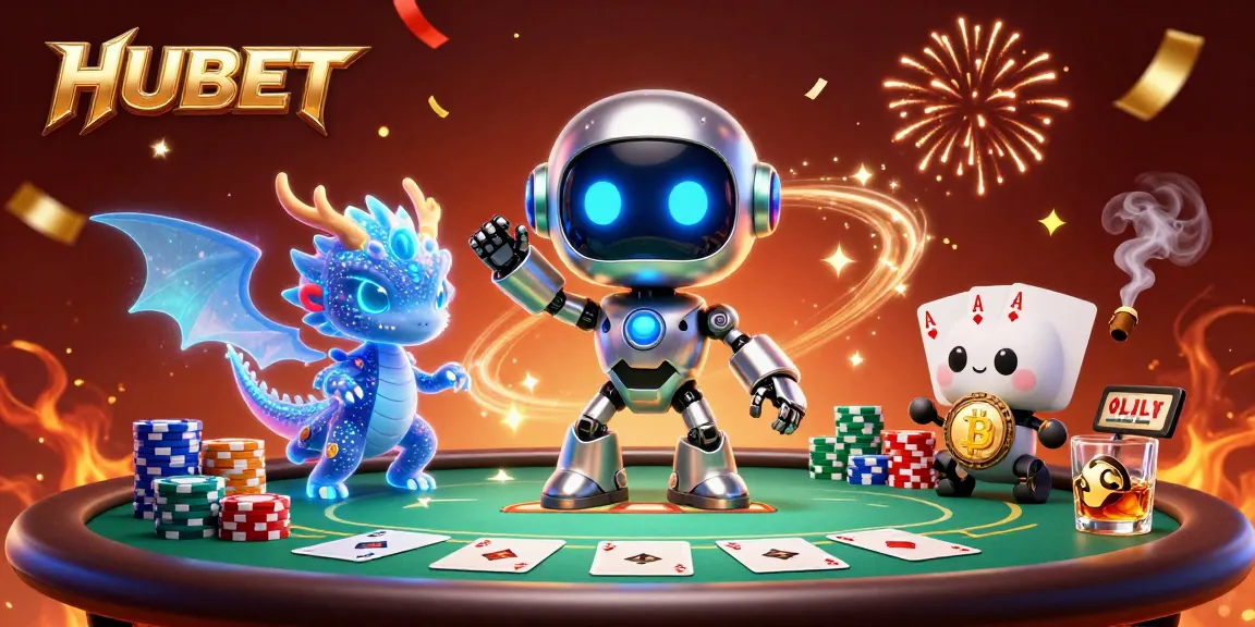 Experience thrilling casino action at HUBET with a vibrant 3D illustration showing a cyberpunk robot alongside a poker table.