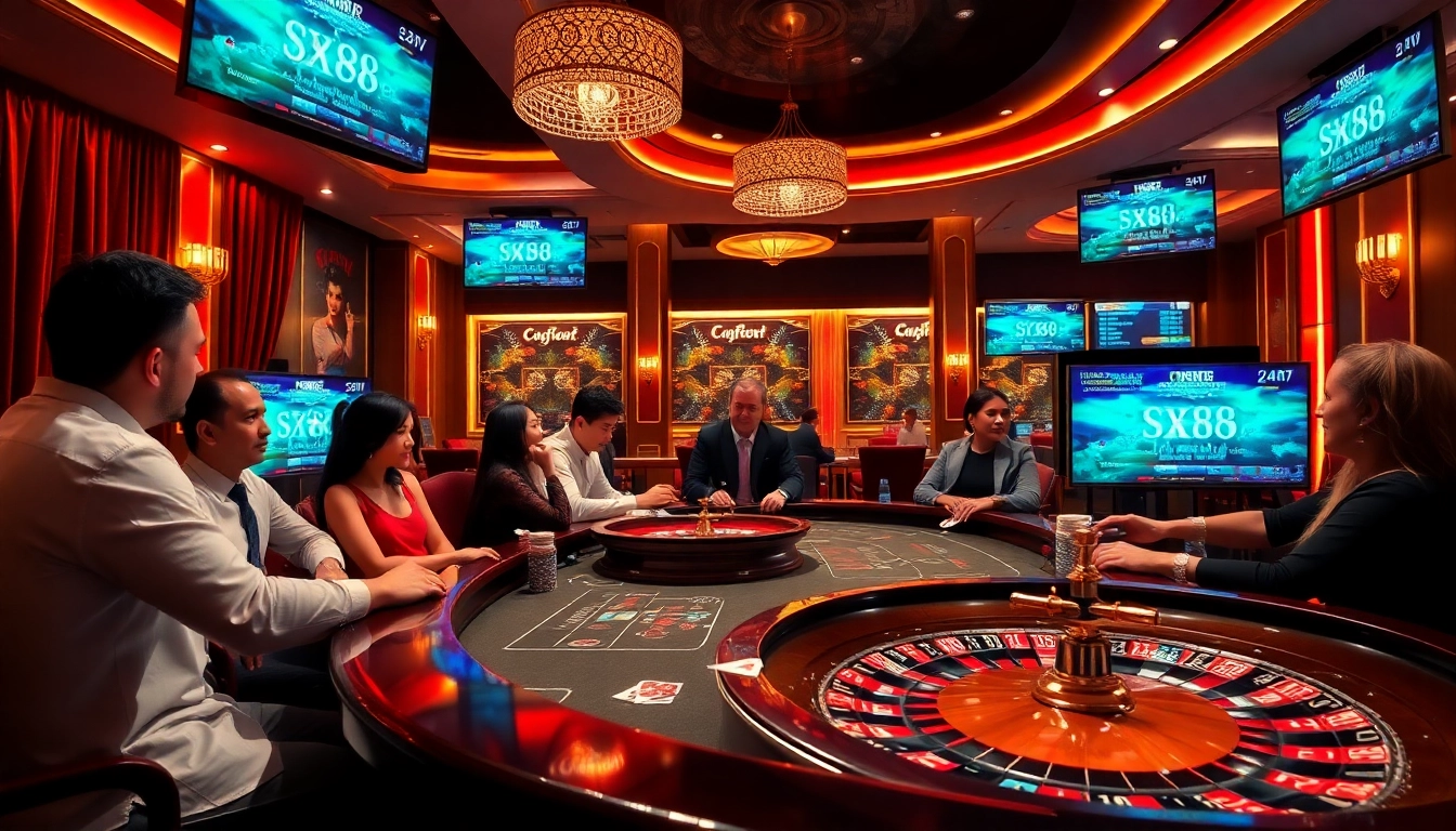 SX88 casino action showcasing players at a vibrant gaming table with poker chips and cards.
