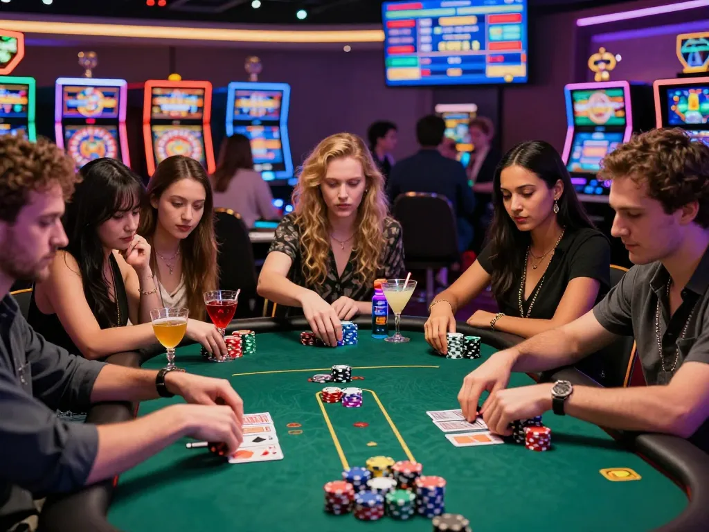 Exciting MM88 casino scene with friends at poker table, vibrant ambiance, and neon lights.