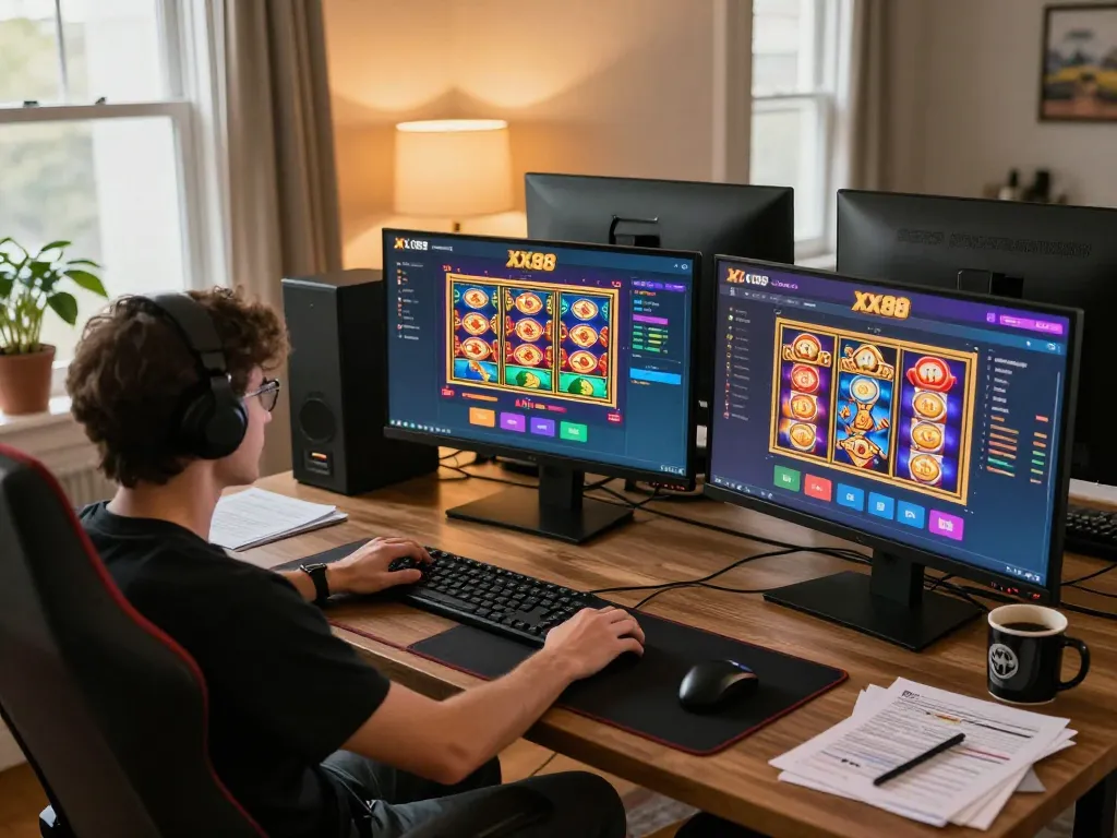 Player exploring the XX88 casino app on multiple screens, showcasing an engaging online gaming experience