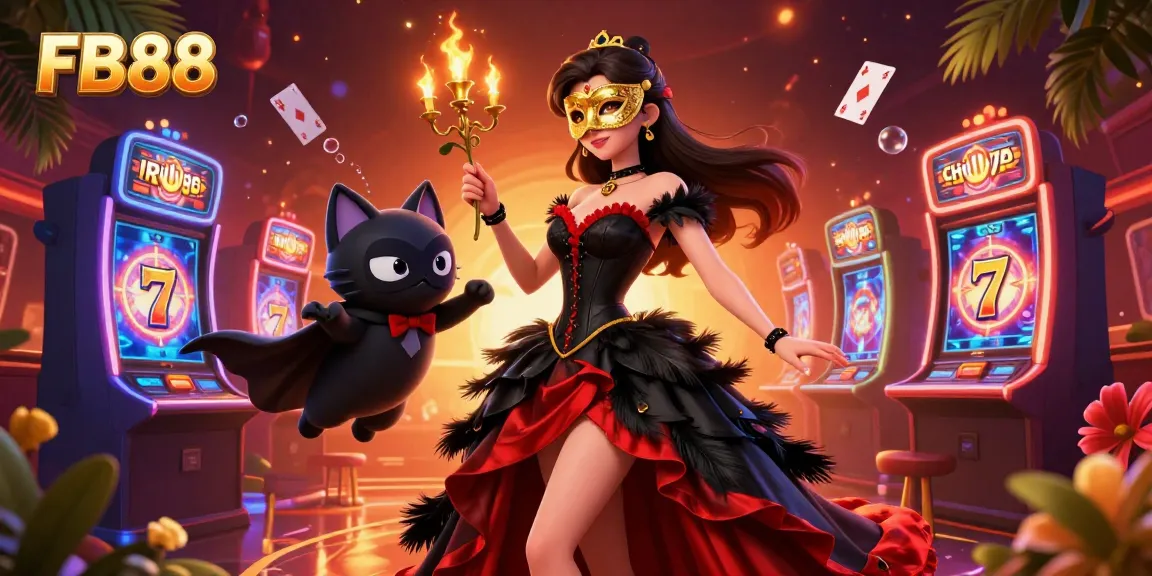 Experience the excitement at FB88 with a vibrant casino scene featuring slot machines, cards, and thrilling characters.