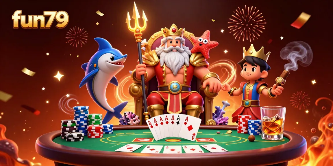 Engage in thrilling fun79 gaming with Neptune and samurai, surrounded by vibrant casino excitement.
