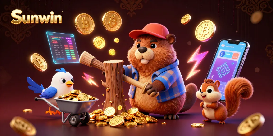 Engage with Sunwin's casino adventure featuring a beaver collecting golden coins amid vibrant crypto elements.