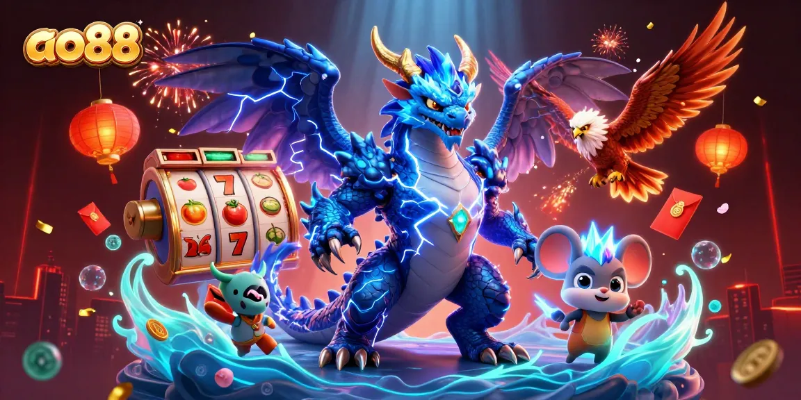 Engage with ao88's thrilling slot games featuring a dynamic dragon and hawk amid vibrant casino elements.