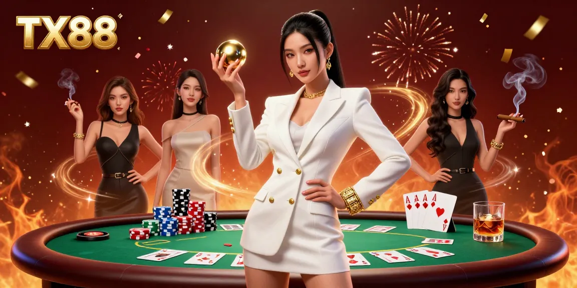 Experience the thrill of TX88 as a confident woman masterfully spins a golden roulette ball, surrounded by vibrant casino elements.