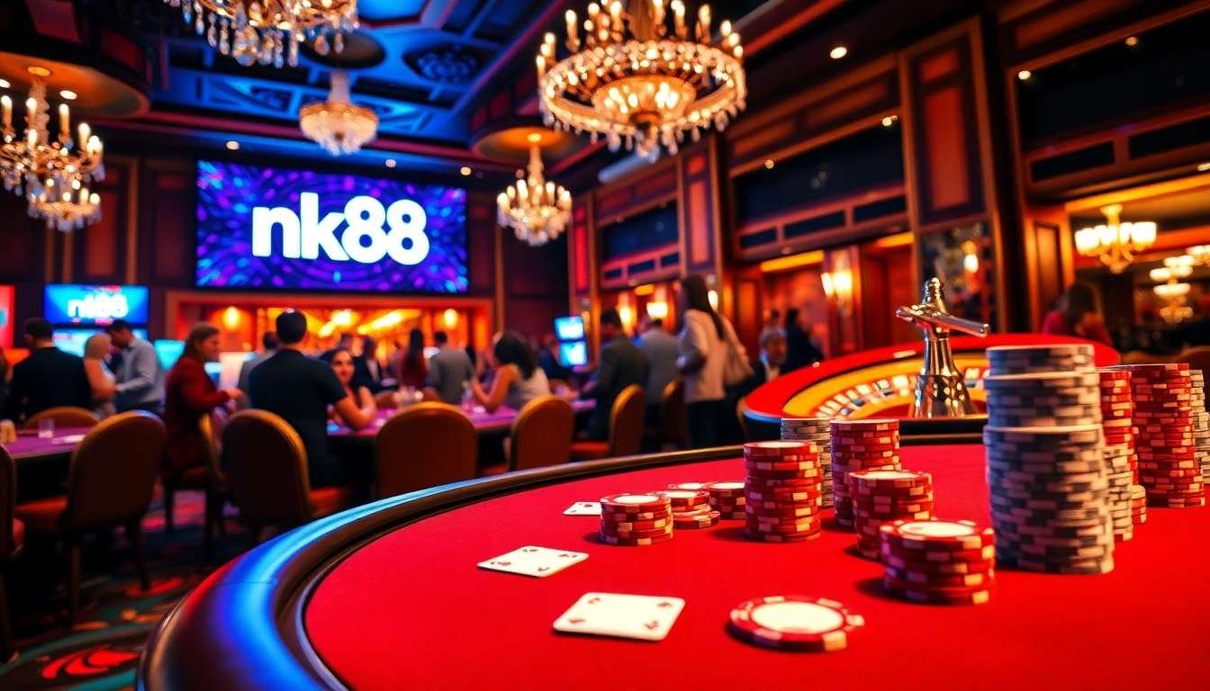 Engaging players at the nk88 casino table, with poker chips and cards in focus, showcasing a vibrant gaming atmosphere.