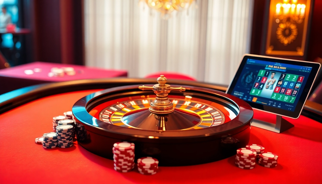 Engage in the excitement of 68win with a luxurious casino scene featuring a roulette wheel.