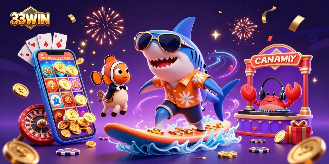 Experience the thrilling world of 33WIN with a vibrant 3D casino scene featuring engaging characters and dynamic game elements.