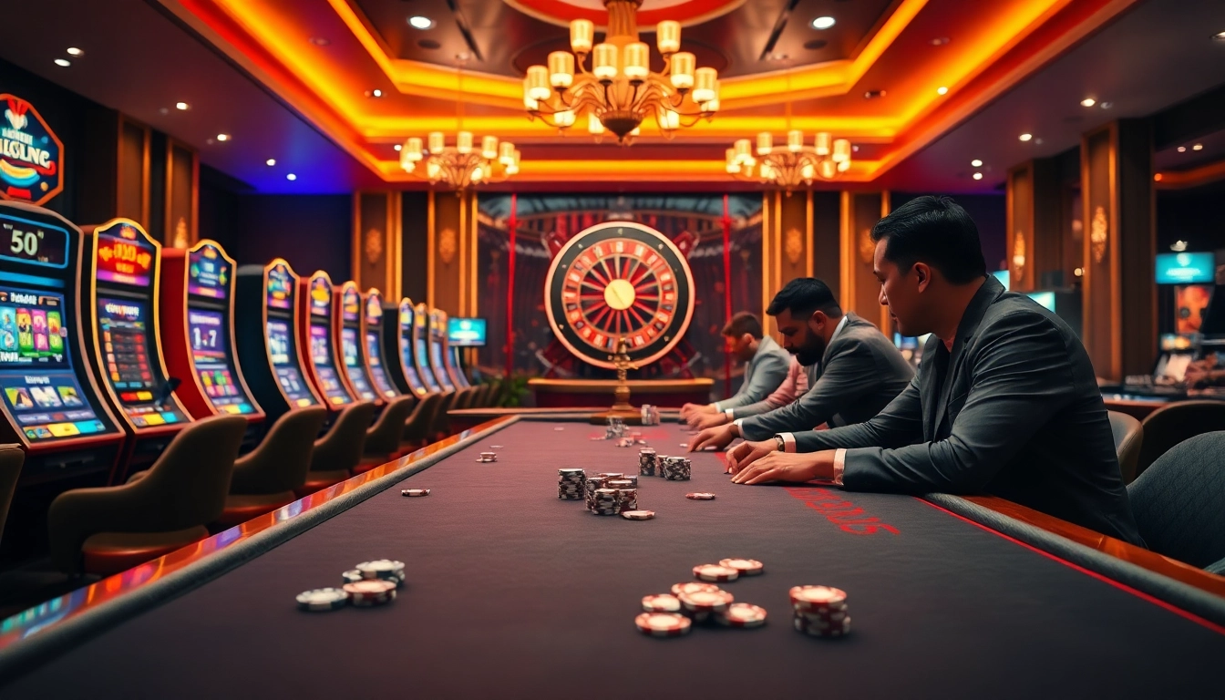 789P betting scene with glamorous tables, colorful slot machines, and excited players.