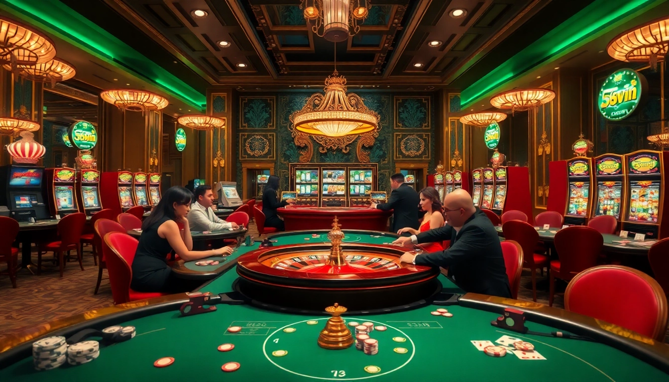 A lively casino scene with players enjoying poker and slot machines, highlighting the excitement of 56win gaming.