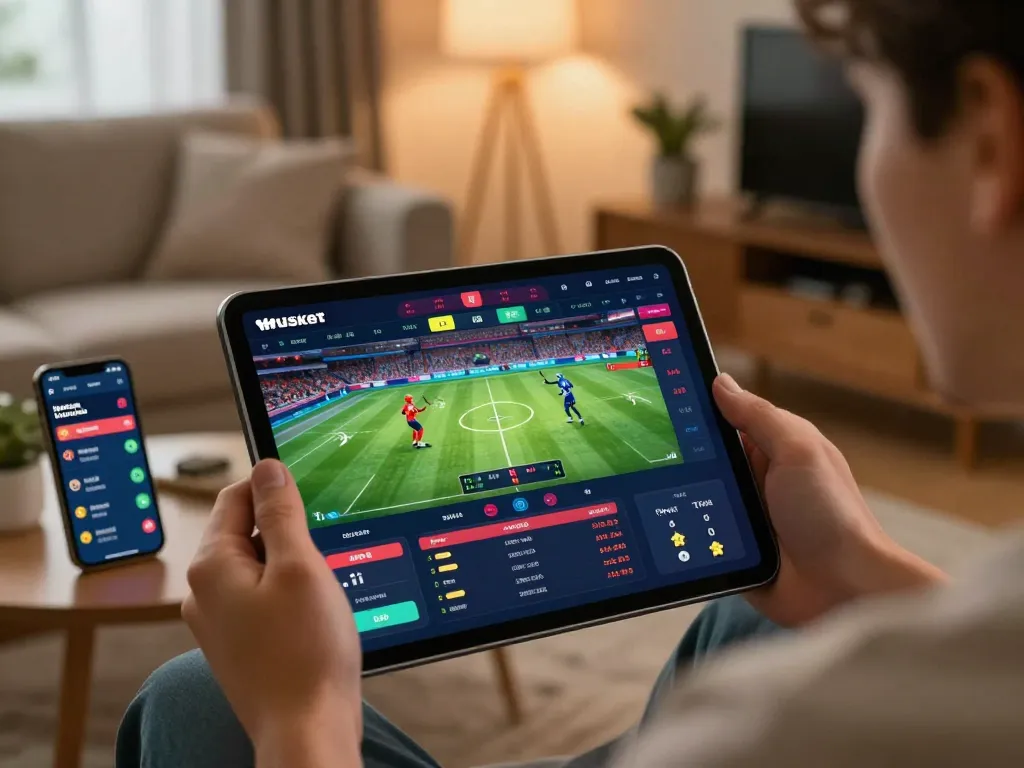 Engaging user exploring betting odds on 7M sports platform with warm home atmosphere.