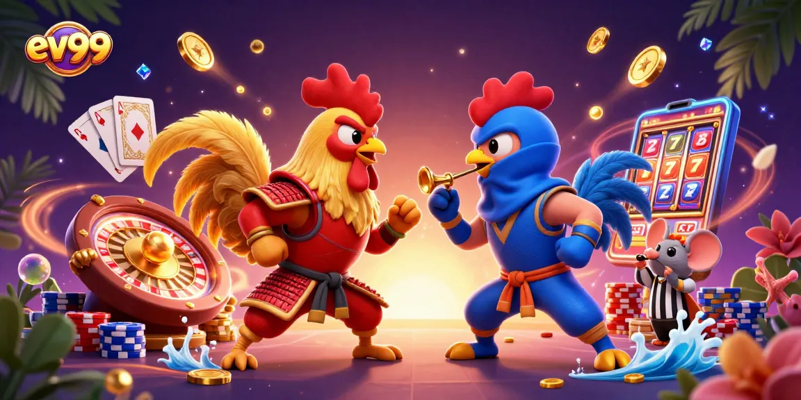 Experience thrilling games at ev99 with action-packed rooster duel amidst dazzling casino elements.