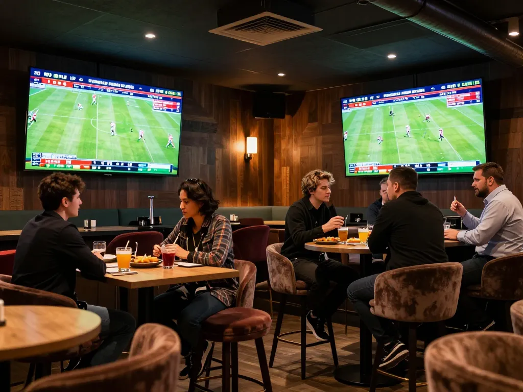 Sports betting patrons engaging with ผลบอลวันนี้ updates on large screens.