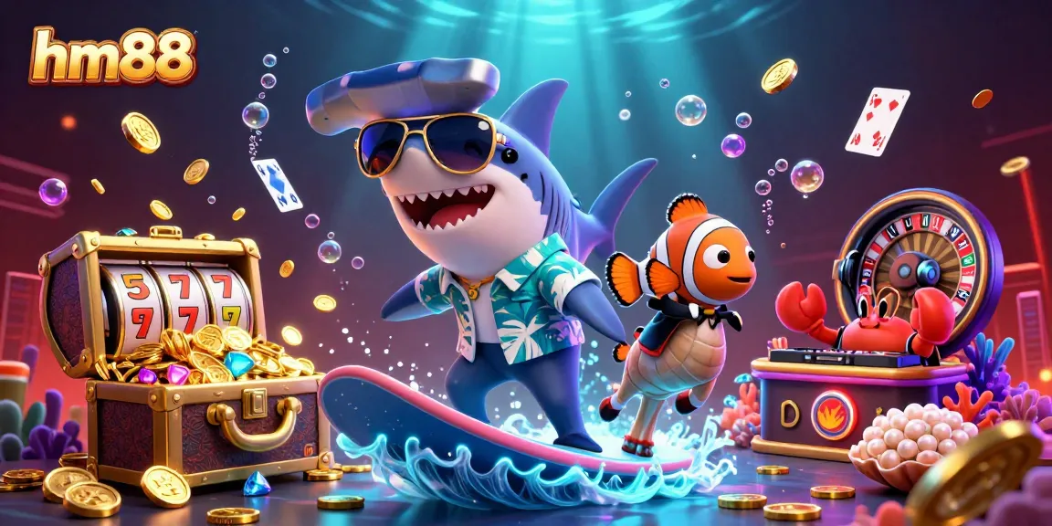 Experience excitement with hm88 as a shark surfs gold coins alongside vibrant casino elements.